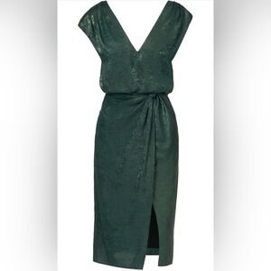 Adrianna Papell Deep Green V‑Neck Midi Dress with Knot Detail